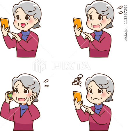 スマホ操作するおばあさん 113267299