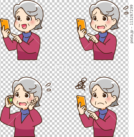 スマホ操作するおばあさん 113267299