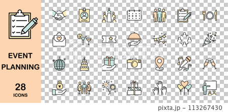 Icon set color related to events and event planners 113267430