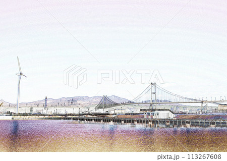 パステル調　”室蘭港の風車と白鳥大橋”　イラストイメージ 113267608