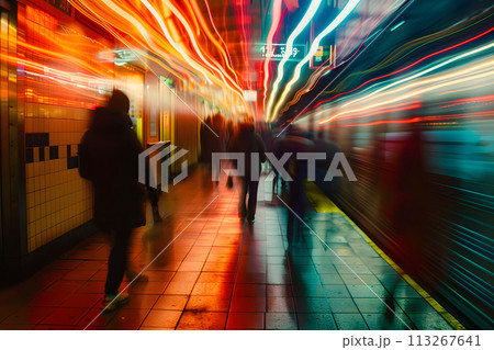 Urban Shadows: Silhouettes of Commuters in the Bustling Subway Station 113267641