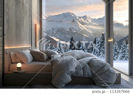 Mountain Majesty: Panoramic Sunrise View from a Stylish Modern Bedroom 113267666