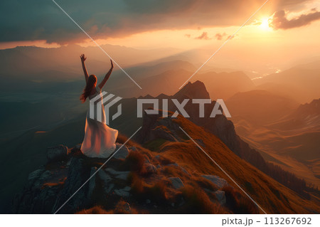 Summit Celebration: Woman Triumphantly Reaches Nature's Peak Summit Celebration: Woman Triumphantly Reaches Nature's Peak 113267692