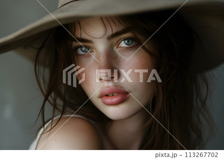 Elegance Captured: Portrait of a Beautiful Young Woman in a Stylish Hat Elegance Captured: Portrait of a Beautiful Young Woman in a Stylish Hat 113267702