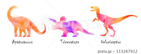 Apatosaurus, Triceratops, Velociraptor dinosaurs . Colorful silhouette watercolor painting style . Set 3 of 5 . Illustration . Apatosaurus, Triceratops, Velociraptor dinosaurs . Colorful silhouette watercolor painting style . Set 3 of 5 . Illustration . 113267912