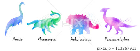 Nessie, Mosasaurus, Ankylosaurus, Parasaurolophus dinosaurs . Colorful silhouette watercolor painting style . Set 4 of 5 . Illustration . 113267913
