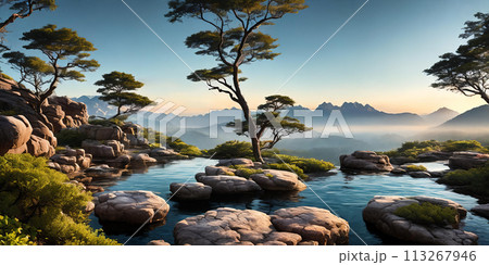 Hiking through a serene mountain forest, arriving at a tranquil lake 113267946