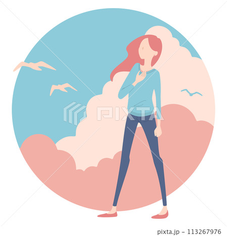 青空と胸に手を当てる女性のイラスト 113267976