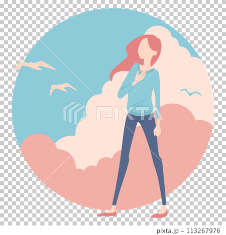 青空と胸に手を当てる女性のイラスト 113267976