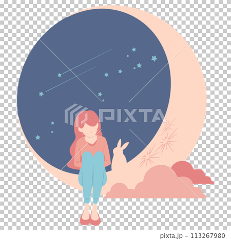一個女人坐在夜空和月亮上的插圖 一個女人坐在夜空和月亮上的插圖 113267980