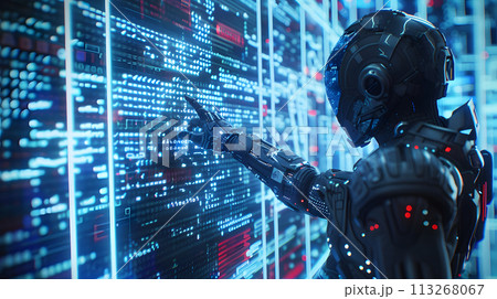Futuristic Interaction: Robotic Hand Presses Virtual Interface on Touch Screen 113268067