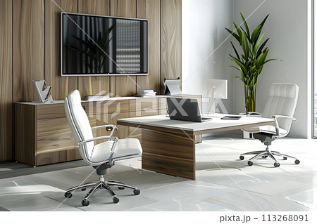 Elegance in Simplicity: White and Wood Office Meeting Room Corner Elegance in Simplicity: White and Wood Office Meeting Room Corner 113268091