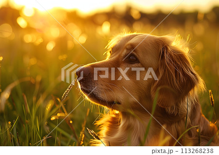 Sundown Scout: Dog Gazing Across a Grassy Field Bathed in the Warm Light of Sunset 113268238