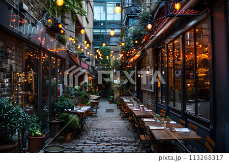 Charming Street Scenes: Outdoor Dining Delight in European Cityscape 113268317