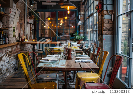 Classic London Dining: Wooden Table Set in a Comfortable Restaurant 113268318