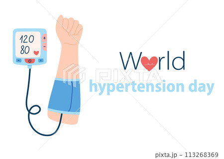 World Hypertension Day. Blood pressure measurement. Hand with a tonometer. Vector illustration. 113268369