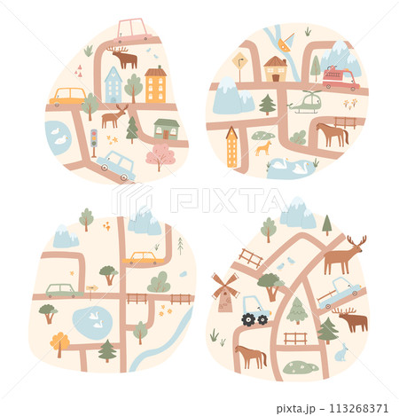 Set of kids city map. Vector illustration of a city map with cars, mountains, trees. Hand drawn illustration for kids room. Set of kids city map. Vector illustration of a city map with cars, mountains, trees. Hand drawn illustration for kids room. 113268371