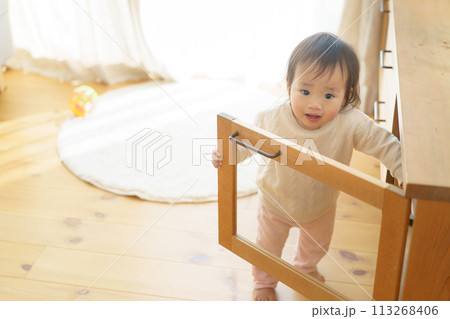家具の扉を開け閉めして遊ぶ赤ちゃん 家具の扉を開け閉めして遊ぶ赤ちゃん 113268406