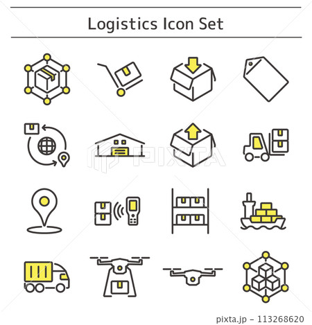製品デザイン、アプリ開発、プログラミングに最適なシンプルで使いやすい物流アイコンセット 113268620