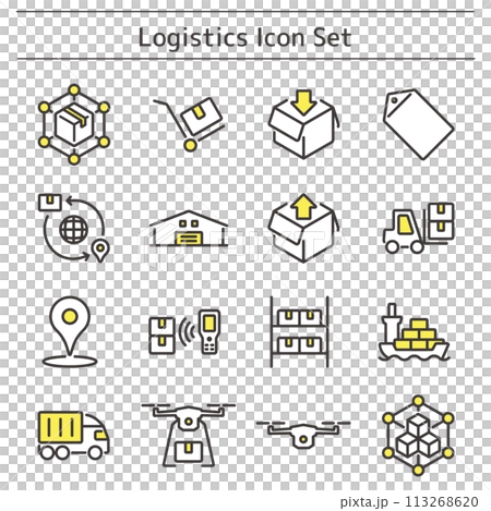 製品デザイン、アプリ開発、プログラミングに最適なシンプルで使いやすい物流アイコンセット 113268620