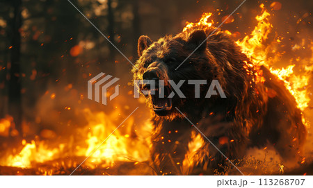 Amidst the ragging flames of burning forest, the wildlife faces a dire situation. The harsh reality of wildfires, emphasising the urgency of protecting our natural habitats. Generative AI. 113268707