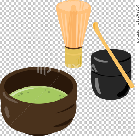 A bowl of matcha tea, a tea whisk and a tea caddy 113268814