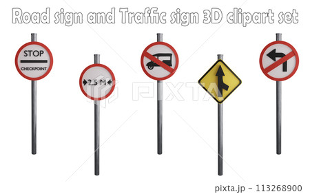 Road sign and traffic sign clipart element ,3D render road sign concept isolated on white background icon set No.29 Road sign and traffic sign clipart element ,3D render road sign concept isolated on white background icon set No.29 113268900