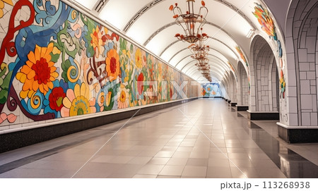 Colorfully decorated entrance to bustling subway station.AI Generated 113268938
