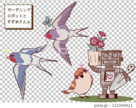 Illustration of a garden robot and a swallow Illustration of a garden robot and a swallow 113269421