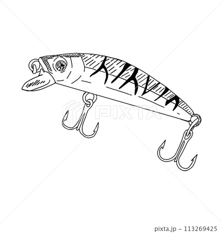 Fish hook minnow vector illustration tackle. Fly gudgeon spinner lure feeding. Bait line drawing. Ink silhouette Black outline drawing. Fishing spoon angler tool. Sharp triple catch sport equipment 113269425