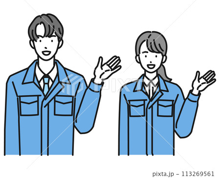 案内をする作業服姿の男性と女性（上半身） 113269561