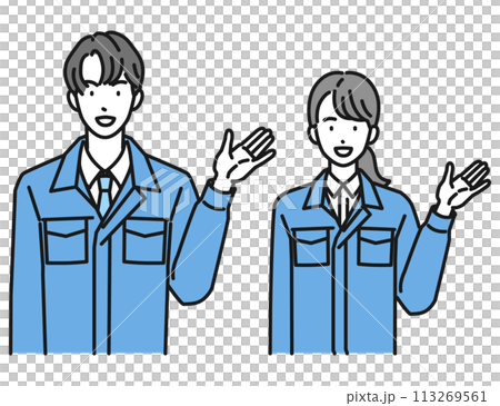 A man and a woman in work clothes giving directions (upper body) 113269561