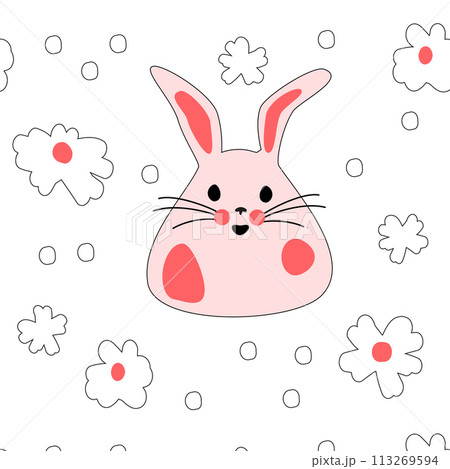 Seamless pattern with pink bunnies with flowers. Easter bunnies for printing on childrens products, fabric and wallpaper on a white background. Cartoon flat vector illustration. 113269594