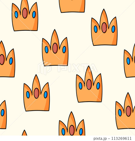 Seamless pattern with Crown on color background. Doodle vector illustration. Queen royal princess symbol. Outline design for drawing greeting cards, fabric, textile Seamless pattern with Crown on color background. Doodle vector illustration. Queen royal princess symbol. Outline design for drawing greeting cards, fabric, textile 113269611
