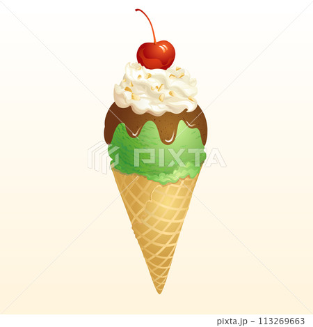 Green tea Ice cream cone with red bean jam and cherry. Green tea Ice cream cone with red bean jam and cherry. 113269663