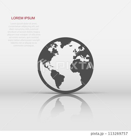 Globe world map vector icon. Round earth flat vector illustration. Planet business concept pictogram on white background. 113269757