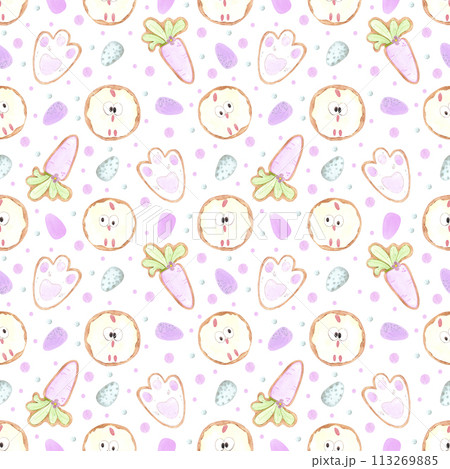 Hand drawn watercolor easter eggs cookies seamless pattern isolated on white background. Can be used for textile, fabric and other printed products. 113269885