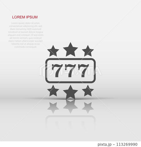 Vector casino slot machine icon in flat style. 777 jackpot sign illustration pictogram. Casino winner business concept. 113269990
