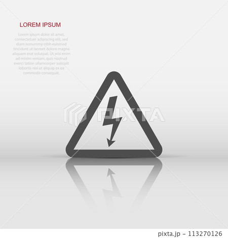 Vector high voltage danger icon in flat style. Danger electricity sign illustration pictogram. High voltage business concept. Vector high voltage danger icon in flat style. Danger electricity sign illustration pictogram. High voltage business concept. 113270126