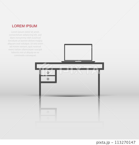 Vector furniture table with laptop computer icon in flat style. Table sign illustration pictogram. Furniture business concept. 113270147