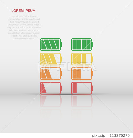 Vector battery icon in flat style. Battery charge level, full and low sign illustration pictogram. Accumulator business concept. 113270279