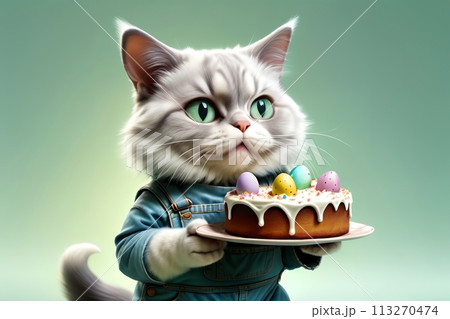 cute cat with Easter pie and eggs in a basket, isolated on a green background 113270474