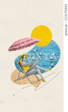 Contemporary art collage. Abstract artwork. Girl in swimsuit sits on sunbed under umbrella with birds on beach. Summertime. 113270491