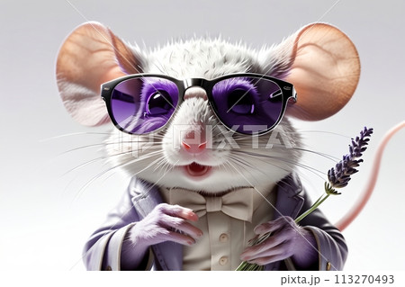 Gray cute cute mouse with lavender flower 113270493