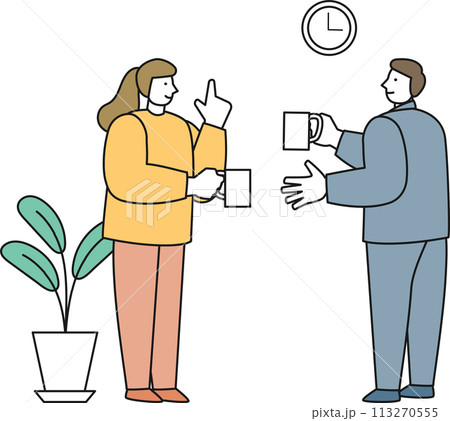 コーヒーを飲みながら会話をする男性と女性 113270555