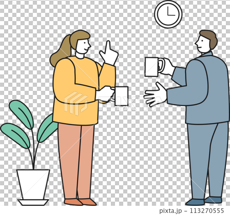 一個男人和一個女人一邊喝咖啡一邊交談 113270555