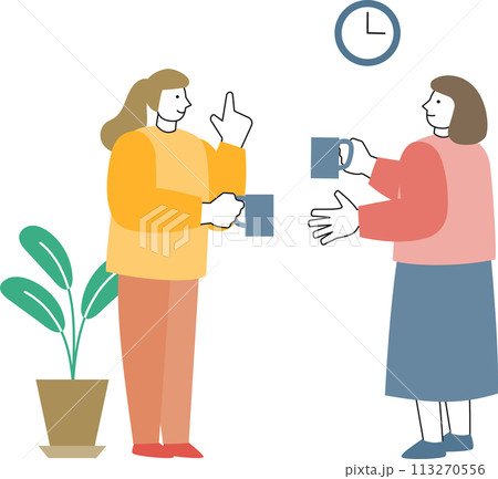 コーヒーを飲みながら会話をする2人の女性 コーヒーを飲みながら会話をする2人の女性 113270556