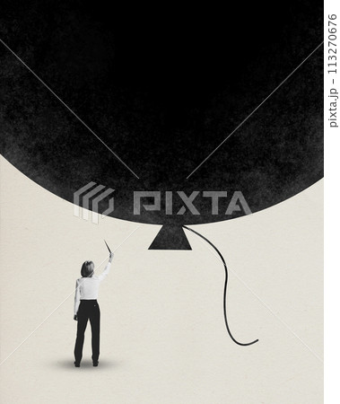 Contemporary art collage. Young girl stands in front of big black ball and wants to punch it. Control of emotions at work. Minimalist design. Contemporary art collage. Young girl stands in front of big black ball and wants to punch it. Control of emotions at work. Minimalist design. 113270676
