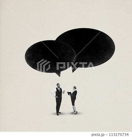 Contemporary art collage. Man and woman stand and discuss working moments with speech bubbles from above. Minimalist design. Contemporary art collage. Man and woman stand and discuss working moments with speech bubbles from above. Minimalist design. 113270734