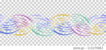Seamless border with abstract music waves. Multicolored line art. Musical atmosphere. Watercolor cute illustration for textile, package, wrapping. 113270861